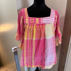 beachlunchlounge Square Neck Plaid Flutter‎ Sleeve Blouse Pink Yellow Orange XL